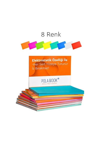 Elektrostatik Yapışkanlı Akıllı Not Kağıdı Seti 7x10 Cm 50 Sayfa Pratik Ofis Not Defteri 8 Renk Çok Renkli