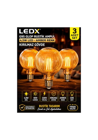 3 Adet G95 Rustik Led Ampul 4,5w Amber E27 ,balon Kırılmaz Gövde,500 Lümen,dekoratif Vintage Edison Glop Ampul 220v, Enerji Tasarruflu Uzun Ömürlü Led Lamba Seti