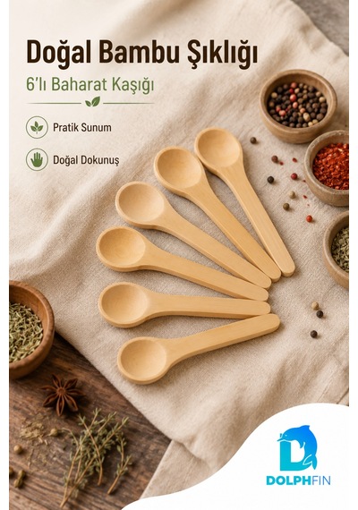 6 Lı Mini Bambu Baharat Kaşığı Seti Doğal Ahşap Sunum Kaşığı
