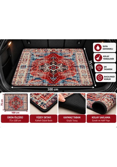 Tüm Araçlara Uyan 75x100 Cm Dijital Baskılı Oto Bagaj Halısı Kaymaz Tabanlı, Siyah Biyeli, Dekoratif Araç Bagaj Paspası 75cmx100cm
