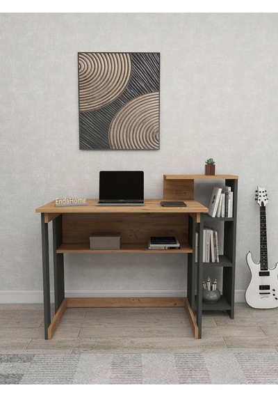 Enda Home Saye 5 Raflı Kitaplıklı Çalışma Masası Çam - Antrasit Koyu Gri - Çam