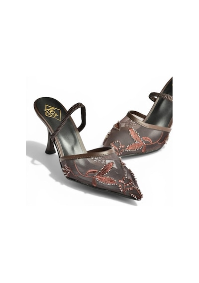Fox Shoes Y752076315 Kahverengi File Boncuk İşlemeli İnce Topuklu Kadın Ayakkabı