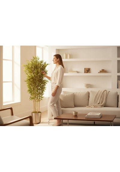 Yapay Bambu Ağaç 150 Cm 6 Dallı Yogun Yaprak Metal Gümüş Saksı Yeşil