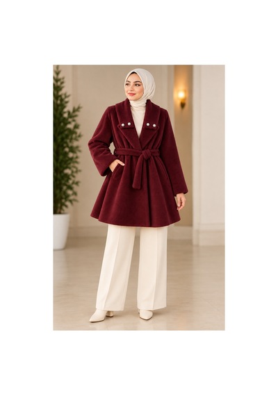 Miss Meliss İnci Detaylı Şık Fox Kumaş Kaban Bordo Bordo