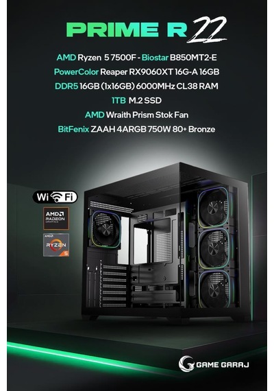 Game Garaj Prime R22 R5-7500F 16 GB 16 GB 1 TB SSD RX9060XT Dos Masaüstü Oyuncu Bilgisayarı
