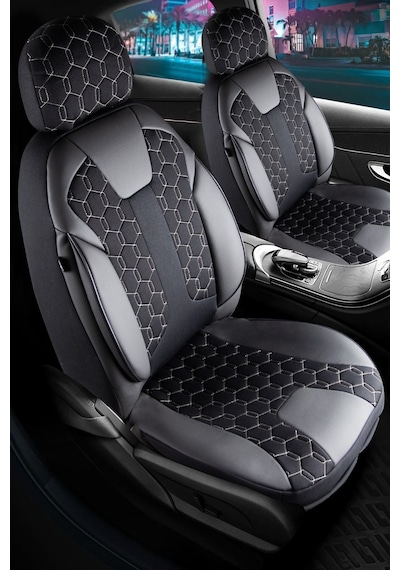 Hyundai İ20 Active Deri Detaylı Oto Koltuk Kılıfı Ön Arka Set Cyrus Siyah Beyaz