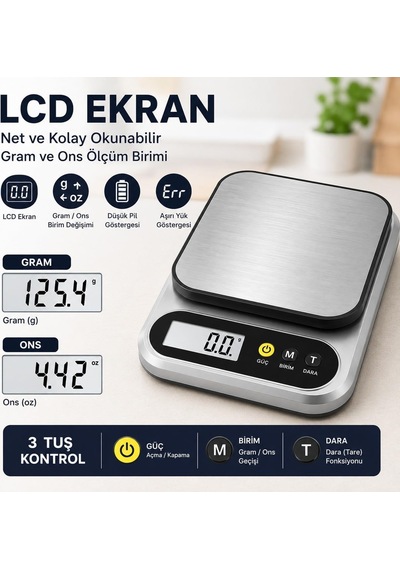 10 Kg Dijital Hassas Mutfak Tartısı - Lcd Ekranlı, Paslanmaz Çelik Tartım Yüzeyi, Dara Tare Fonksiyonlu, Gram & Ons Ölçüm, 2x Aaa Pilli Çok Renkli