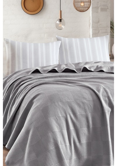 Eponj Home Çarşaflı Pike Takımı Çift Kişilik %100 Pamuk 4 Parça Softçizgili Desenli Gri Weave Serisi Gri