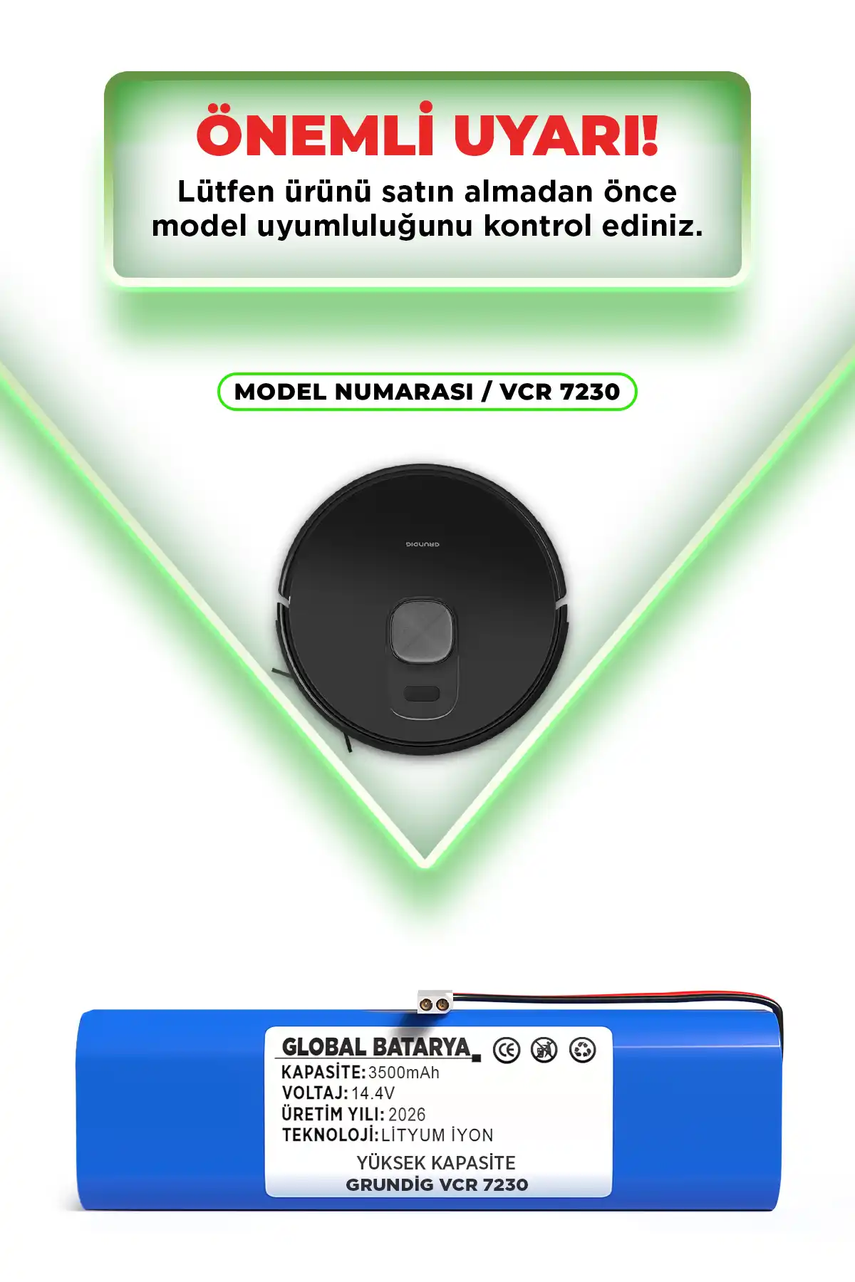 Grundig Vcr 7230 Uyumlu Robot Süpürge Bataryası 14.4v 3500mah Pil Yüksek Kapasite