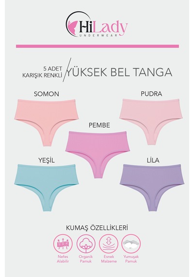 Hilady Kadın Tanga, Yüksek Bel Tanga 5'li Paket String, Tanga Külot Pamuklu Kumaş Açık Pembe
