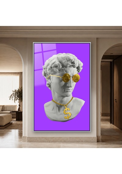 Altın Para Gözlüklü Pop Art Büst Gümüş Çerçeveli Cam Tablo
