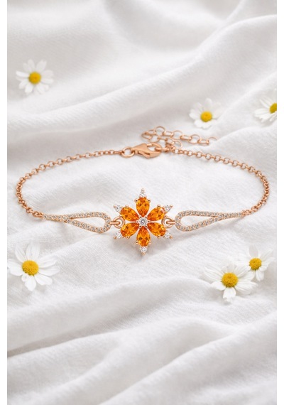 Çekirdekjewelry 925 Ayar Gümüş Turuncu Taşlı Çiçek Bileklik Pembe