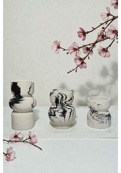 3lü Tealight Mumluk Seti - Dekoratif Beton Mumluk - Mumlar Dahildir Beyaz -  Siyah