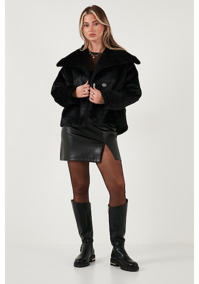 Lela Oversize Geniş Yaka Çıtçıt Düğmeli Astarlı Peluş Bayan Mont 6839623 Siyah