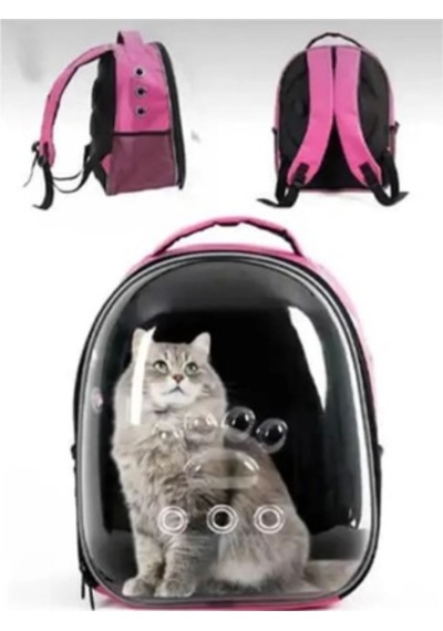 Zekton Astronot Kedi Taşıma Çantası Şeffaf Pembe 34 x 26 x 40 CM + Kedi Tasması