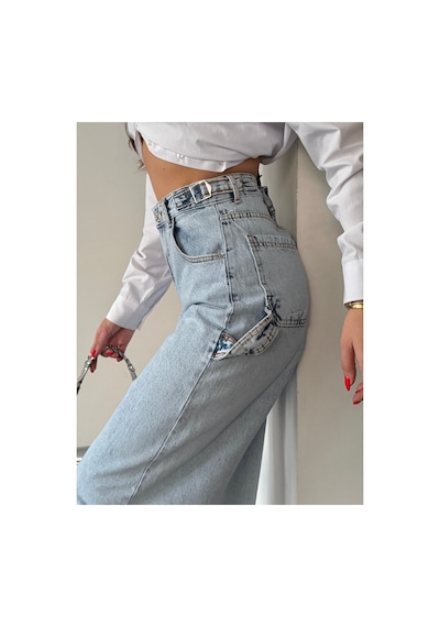 Blue Marlın Yan Kemer Buz Kar Tokalı Kargo Cep Detaylı Baggy Jeans Buz Kar