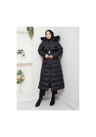 Hb Harma Time Butik Kadın Bel Kemerli Kapüşonlu Uzun Şişme Siyah Mont Siyah Siyah