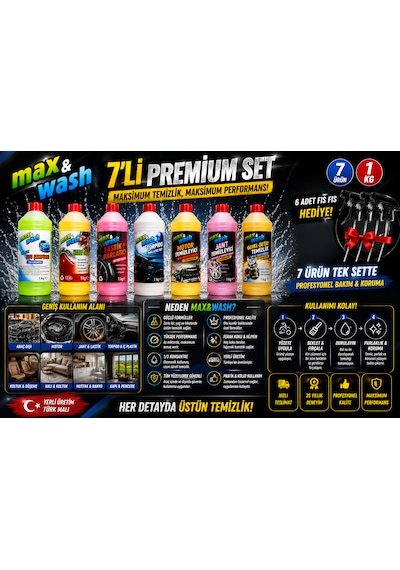 Max&wash 7'li Profesyonel Oto Bakım Seti 1 Kg Cilalı Oto Şampuan + Hızlı Cila + Lastik Parlatıcı + Torpido Süt + Motor + Jant + Genel Detay Temizleyici 6 Adet Fıs Fıs Hediyeli