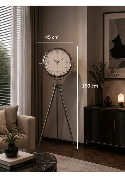Krom 24 Saat Göstergeli 150 X 45 Cm Metal Özel Tasarım Tripod Ayaklı Saat