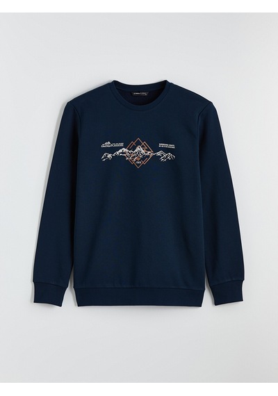Lcwaıkıkı Classic Lacivert Bisiklet Yaka Baskılı Erkek Kalın Sweatshirt