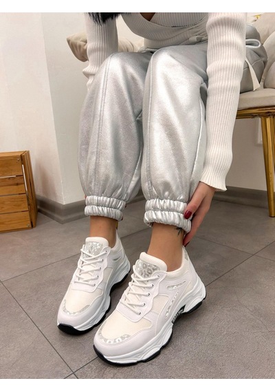 Erva'nın Butiği Beyaz Cilt Leo Leopar Detaylı Kadın Bağcıklı Sneakers-5202