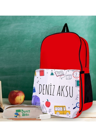 Bk Gift Kişiye Özel İsimli Kırmızı Okul Çantası Ve Kalemlik Hediye Seti-3