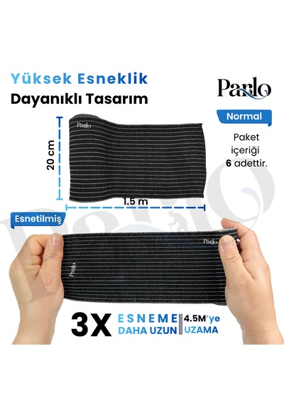 Parlo Siyah Elastik Bandaj 20 Cm X 1,5 M 6 Lı Set %300 Esnek, 4,5 M Ye Kadar Uzayan, Metal Kancalı Destek Ve Sargı Bandajı
