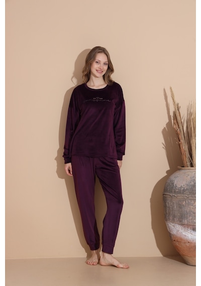Lukitus Pamuklu Kadife Pijama Takımı Kadife01 Mor