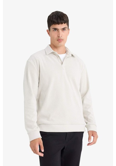 Defacto Regular Fit Polo Yaka Yarım Fermuarlı Fitilli Kadife Sweatshirt E9410ax25aubg672 Bej