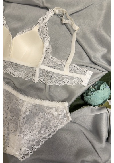 Kadın Üçgen Dantel Bralet Desteksiz Sütyen Takım Ekru