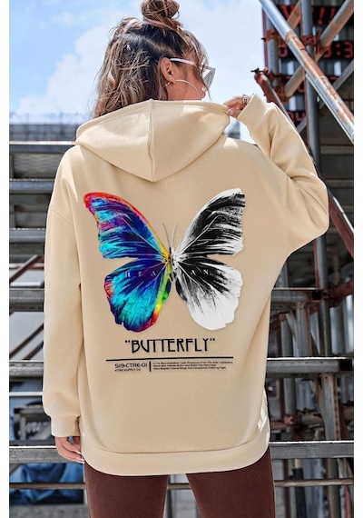 Uyguntarz Butterfly Sırt Baskılı Sweatshirt Bej