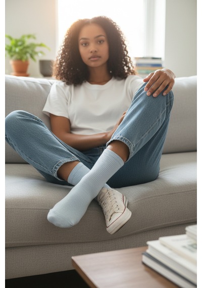 Socks Stores 6 Çift Unisex Renkli Pamuklu Soket Çorap - Renkli Tenis Boy Çorap Açık Mavi