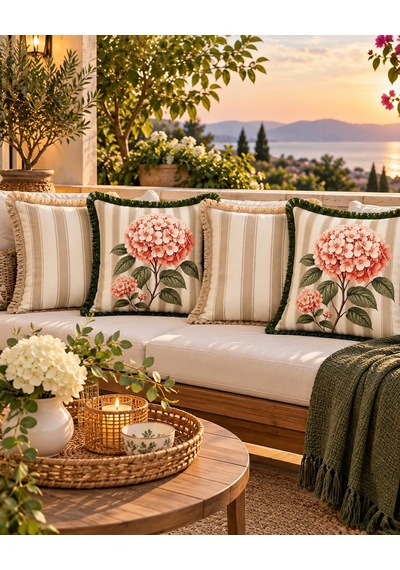 Çizgili Çiçek Desenli 4 Lü Kırlent Kılıfı Seti 45 x 45