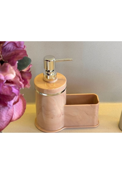 Makri Home Mutfak Veya Banyo İçin Şık Gümüş Detaylı Süngerlikli Sıvı Sabunluk , Yerli Üretim Pembe