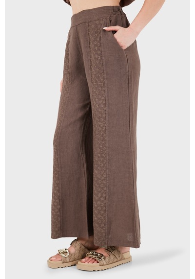 Via Dante % 100 Keten Relaxed Fit Brode İşlemeli Pantolon Bayan Pantolon 69912211 Kahve