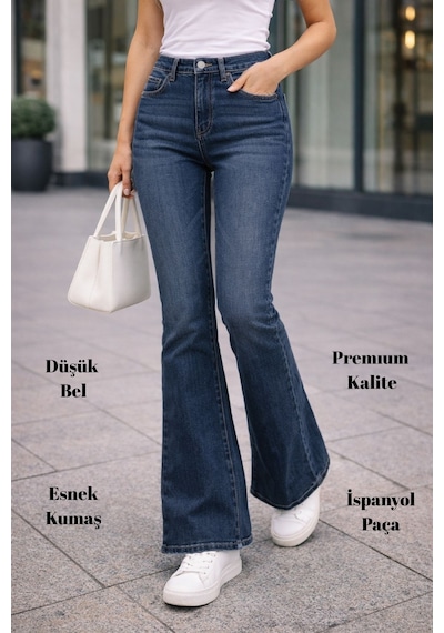 Cedy Denim Cedy Denım Yüksek Kalite Kadın 5 Cep Düşük Bel İspanyol Paça Skinnyfit Esnek Jean Pantolon C619 Mavi