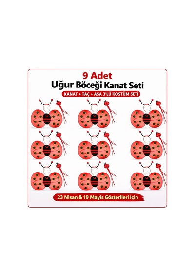 9 Lu Uğur Böceği Kostüm Seti Kanat Taç Asa "