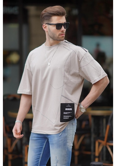 Madmext Taş Rengi Desenli Oversize Erkek Tişört 7004-taş Rengi Taş