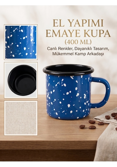 Galaksi Serisi Kobalt Mavi Sarı Sıçratmalı Retro Emaye Kamp Kupası 400 Ml
