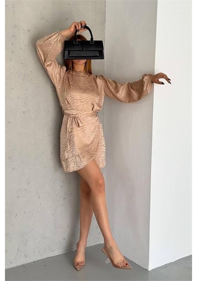 Dipmoda Kadın Camel Kuşaklı Mini Boy Saten Elbise Dpkklf2021 Camel