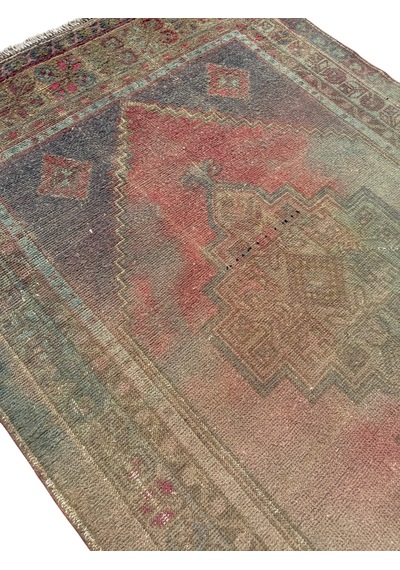 El Dokuması Vintage Taşpınar Halısı 128x248 Renkli Eskitme Halı Renkli