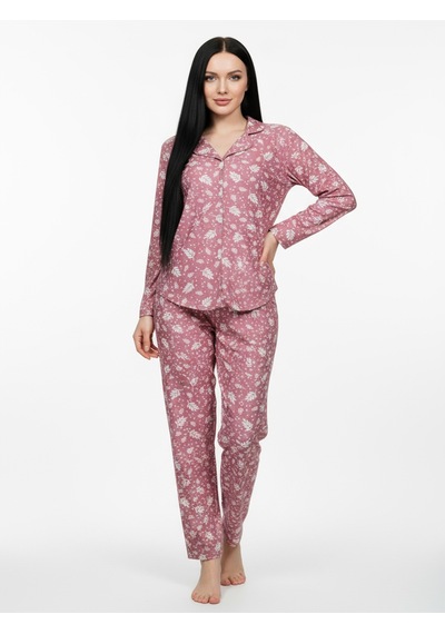 Süet Gömlek Pijama Takımı 7008 Doğa Desen Pudra Pudra