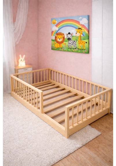 Montessori Ahşap Yer Yatağı Korkuluklu Çocuk Karyolası Bej Montessori Ahşap Yer Yatağı Korkuluklu Çocuk Karyolası Bej