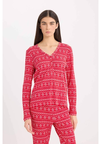 DeFacto Fall in Love Pijama Takımı Waffle Kumaş Uzun Kollu Üst Esnek Belli Uzun Alt D2284AX24WNRD59 Kırmızı