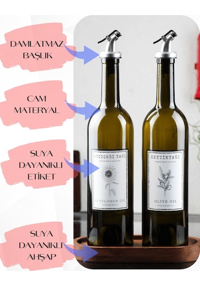 Marasca Ahşap Stantlı Amber Zeytinyağı Sıvıyağ Şişesi Yağdanlık Cam Şişe Czm 1889 2'li 750 ML