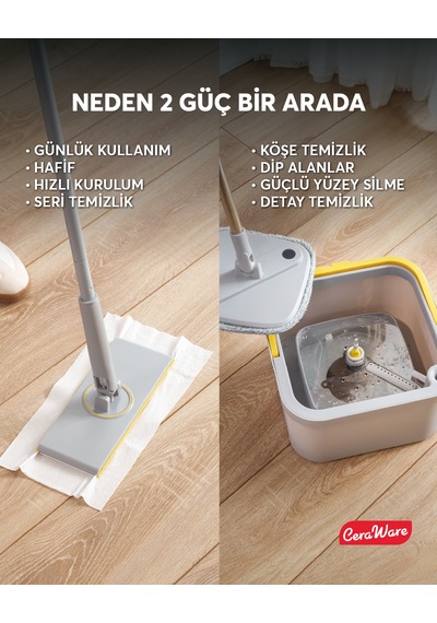 Ceraware Home Care Premium Hijyen Seti Dual System Kare Mop + Pratica Click Mop 2 Mikrofiber Bez 0