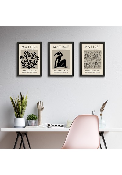 Henri Matisse 3'lü Alüminyum Çerçeveli Poster Seti - Önden Açılır A3 Açılır Kapanır Çerçeve Seti Siyah Beyaz Minimalist, Siyah