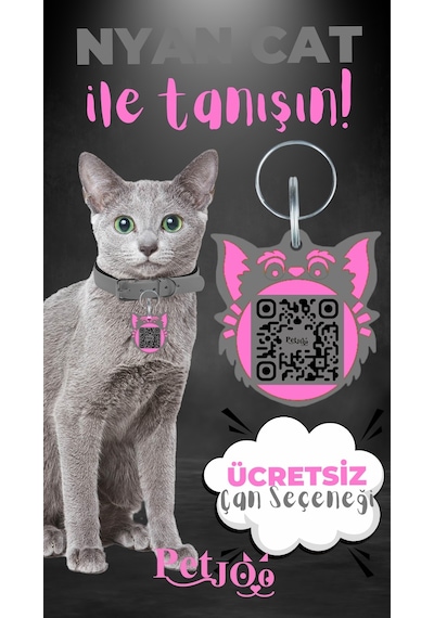 Petjoo 2.Nyan Cat Pembe-Gri Qr'lı Kedi Künyesi