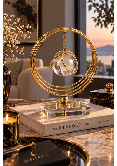 Sleep Nova Gold Halkalı Kristal Küre Dekoratif Masa Aksesuarı