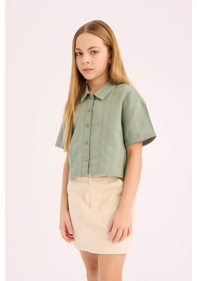 DeFacto Kız Çocuk Cropped Fit Keten Kısa Kollu Gömlek D9143A825SMGN1107